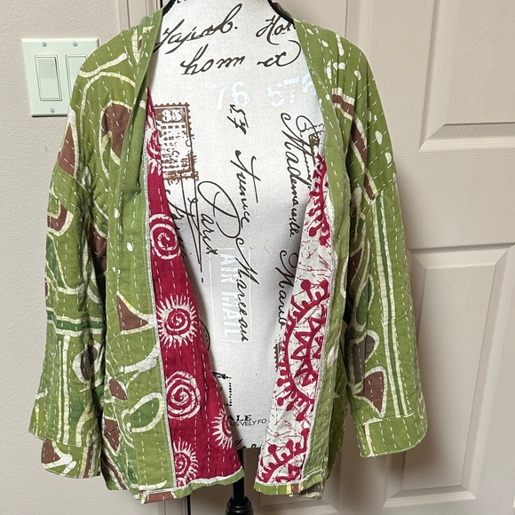 Beautiful Green and Red Kantha Kimono Jacket - Picture 1 of 6